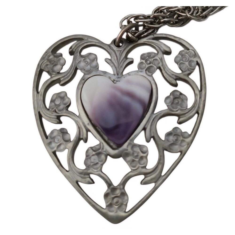 Reed & Barton Pewter Heart Pendant Necklace 24" Purple and White Shell Heart